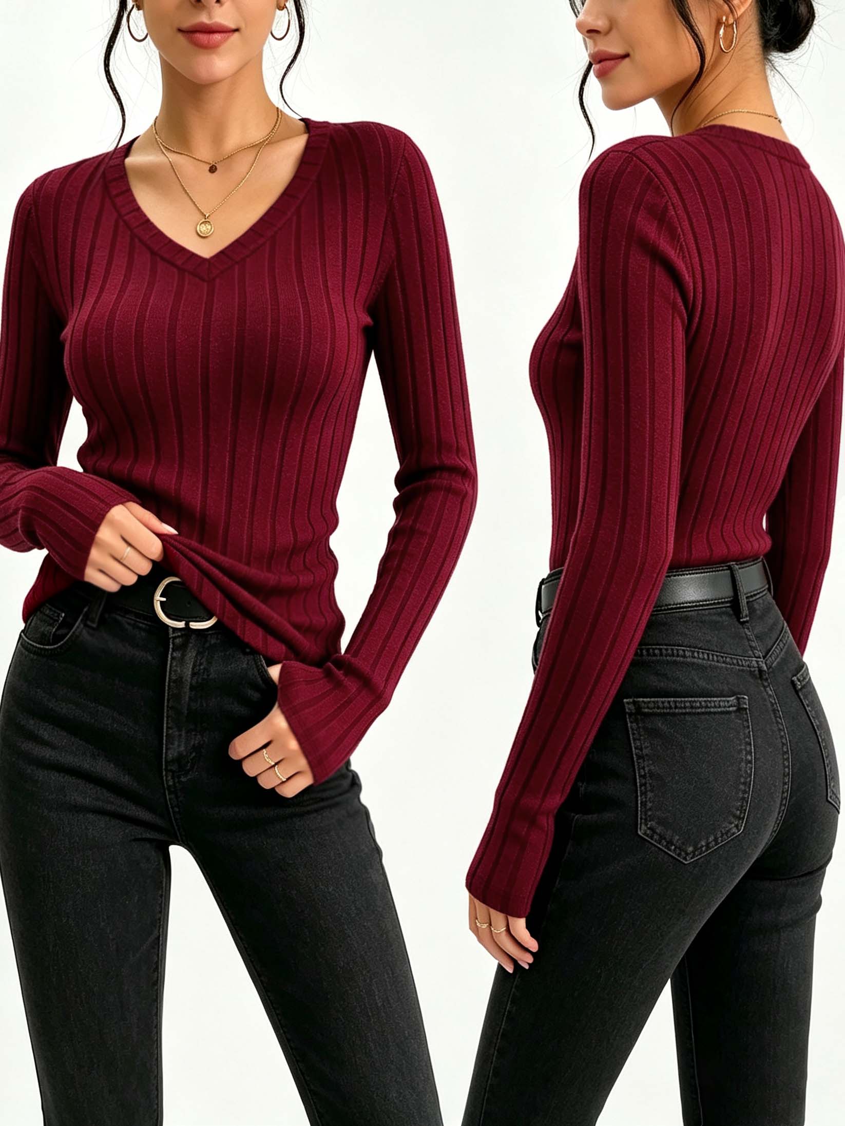 Winter Clothing For Woman - Women Solid V‑Neck Ribbed Knit Top,