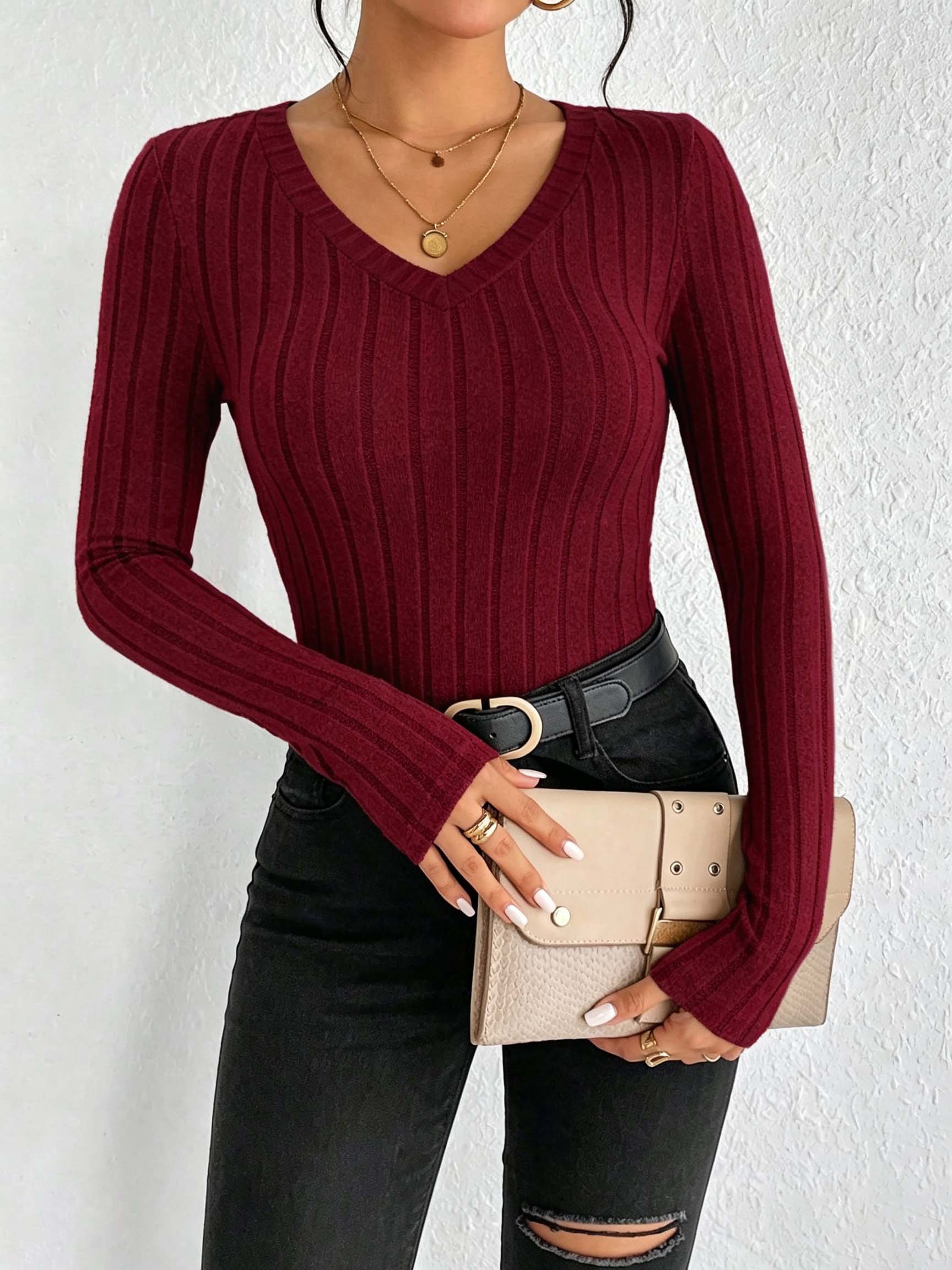 Women Solid V‑Neck Ribbed Knit - огляд і ціна Winter Clothing For Woman